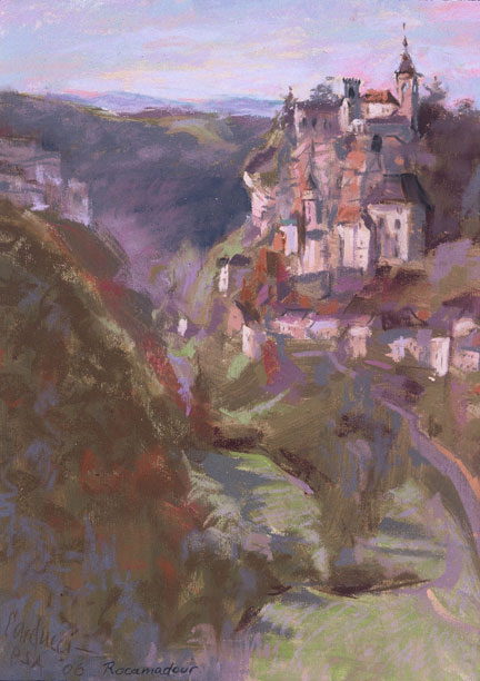 Artist Judith Carducci pastel landscape: Rocamadour #1 Medieval Walled City - Le Quercy ©2007