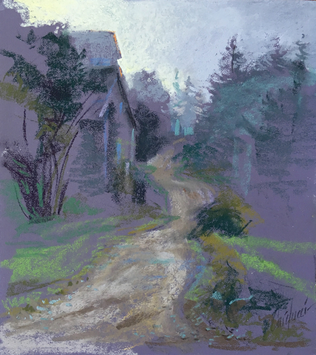 Judith Carducci plein air pastel Monhegan Island Fog on Horn HIll